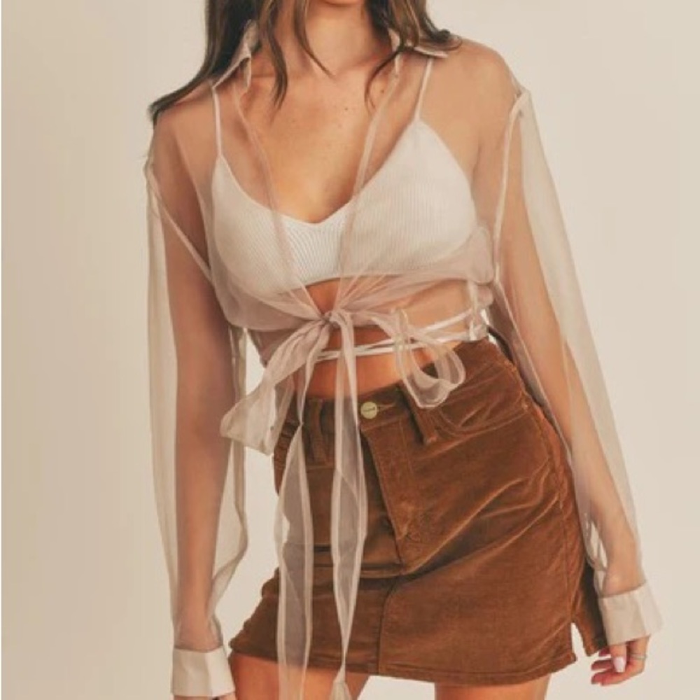 Sheer organza wrap tie blouse tan nude S